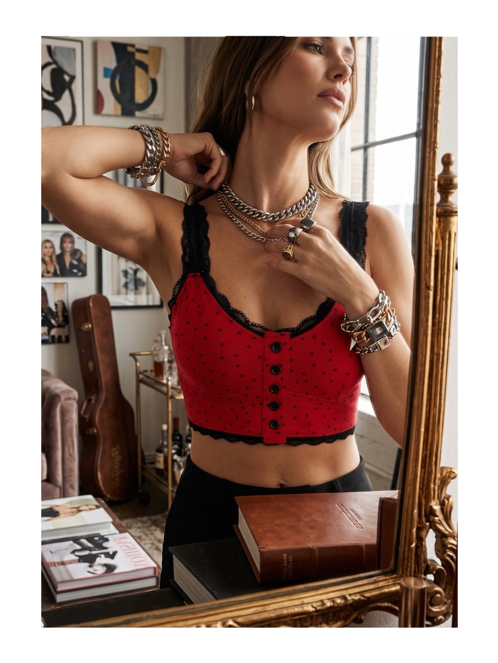 new Honeydew 𒊹 Polka Dot Print Bralette 𒊹 Lace Trim 𒊹 Lollipop Red 𒊹 Medium
